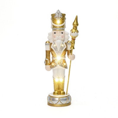 LuxenHome Lighted Silver and Gold Nutcracker Soldier with Scepter, Christmas Decoration