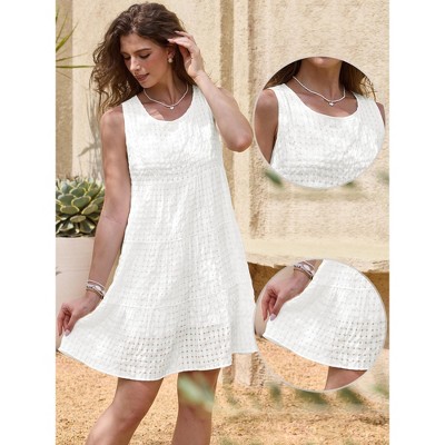 Женские платья INSPIRE CHIC Women's Gingham Mesh Sleeveless Scoop Neck Lined Swing Tiered A-Line Mini Dresses Large White — фото 2