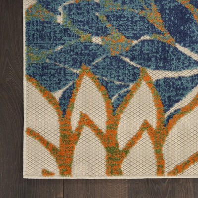 Blue Green Floral Synthetic Indoor Outdoor Rug, 5' x 7'