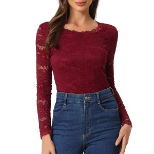 Allegra K Women's Slim Fit Sheer-Long-Sleeves Flower Embroidery Lace Top - 1 of 4