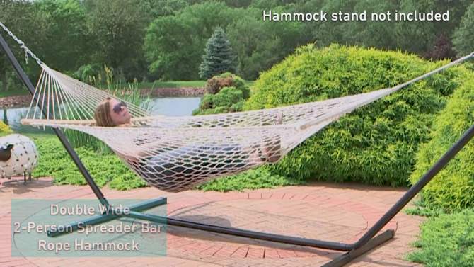 Sunnydaze Large Two-Person Double Wide 100% Cotton Rope Hammock with Spreader Bars for Patio and Backyard - 450 lb Weight Capacity, 2 of 11, play video
