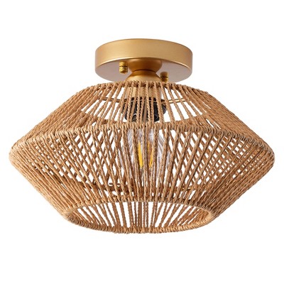 Dewdrop Farmhouse Brown Hand-Woven Cage Shade Semi Flush Mount Ceiling Light with Paper Rope Craft