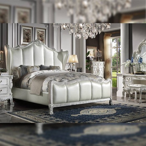 92" Queen Bed Dresden Bed PU and Bone White Finish - Acme Furniture: Elegant Nailhead Trim, Tufted Headboard, Leather Upholstery - image 1 of 4