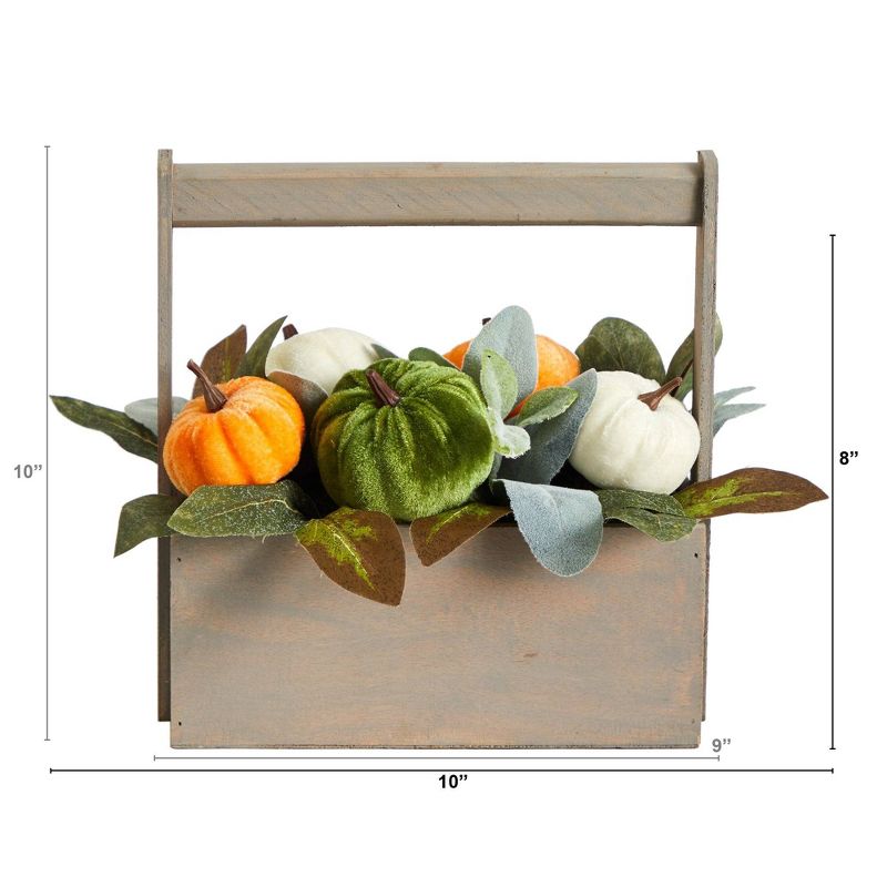 Nearly Natural 10-in Fall Pumpkin Artificial Autumn Arrangement in Wood Basket, 2 of 5