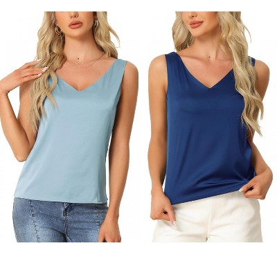 INSPIRE CHIC Women's 2 Pcs Tank Top Silky Satin Casual Basic V Neck Sleeveless Camisole
