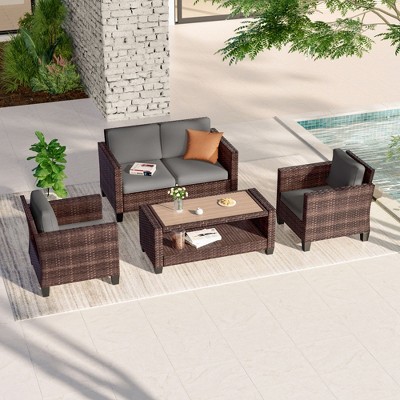Sonkuki 4 Pieces Patio Conversation Set, Loveseat Sofa with Coffee Table, All-Weather PE Rattan Wicker Sofa