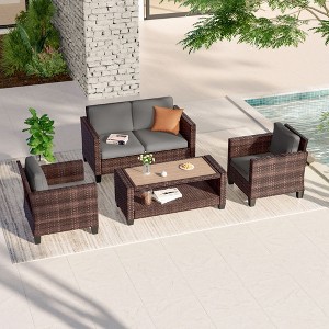 Sonkuki 4 Pieces Patio Conversation Set, Loveseat Sofa with Coffee Table, All-Weather PE Rattan Wicker Sofa - 1 of 4