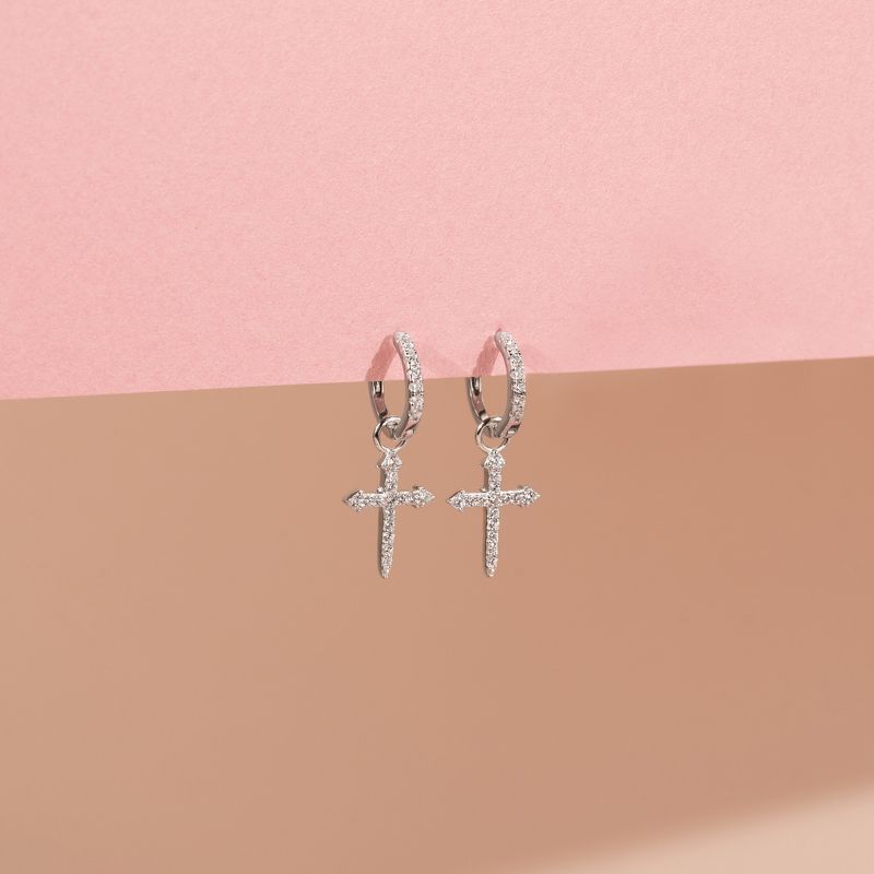 Girls' Dangle Cross Huggie Hoop Sterling Silver Earrings - In Season Jewelry, 5 of 7
