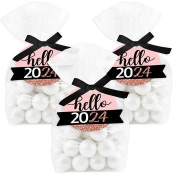 Big Dot of Happiness Rose Gold Happy New Year - 2024 New Years Eve Party Clear Goodie Favor Bags - Treat Bags With Tags - Set of 12