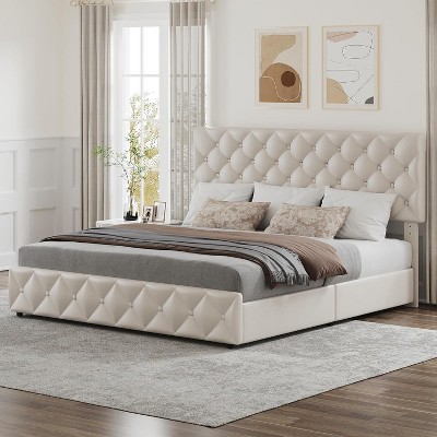 King Size Bed Frame with 4 Storage Drawers and Adjustable Headboard, Linen Upholstered Platform Bed Frame, Diamond Stitched Button Tufted, White
