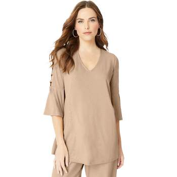 Roaman's Women's Plus Size Embellished Lattice-Sleeve Ultrasmooth® Fabric Top