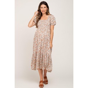 PinkBlush Taupe Floral Smocked Puff Sleeve Maternity Midi Dress - 1 of 4
