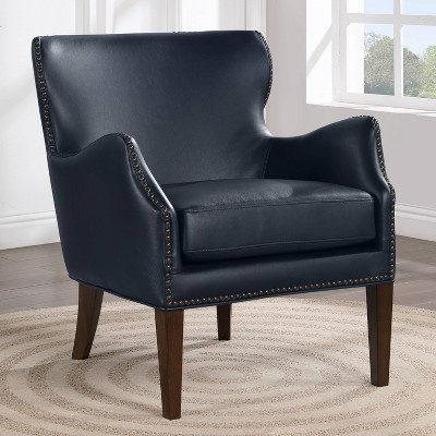 Midnight Blue Faux Leather Accent Chair with Wood Legs