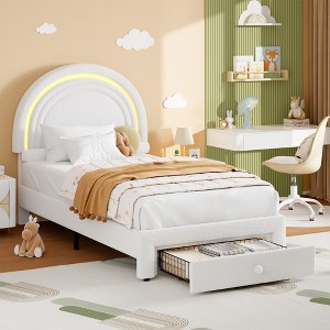 Twin Upholstered LED Bed Frame with Storage Drawer and Rainbow Headboard, Solid Wood Slats Support, No Box Spring Needed - 1 of 4