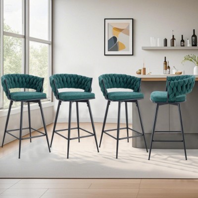 green 4-pack swivel bar stools with breathable cotton-linen cushions and rust-proof electroplated metal frames.