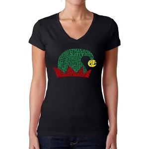 LA Pop Art Christmas Elf Hat - Women's Word Art V-Neck T-Shirt - 1 of 4