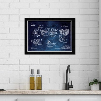 Wynwood Studio 21"x15" Harley Engine 1923 Horiz Blue Chalkboard Wall Art Black Frame: Modern Decor, Wood Composite
