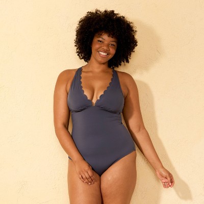 Shade & Shore Women's Scallop Edge Tummy Control Plunge Medium Coverage One Piece Swimsuit - Shade & Shore™ Gray M — фото 4