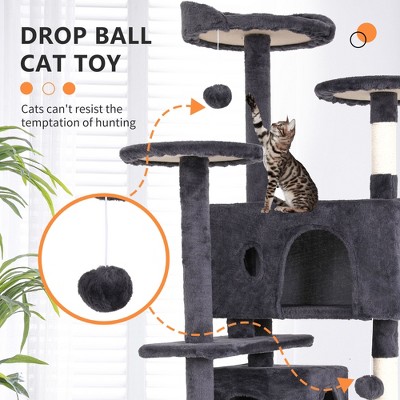 54" Gray Multi-Level Cat Tree Tower with Sisal Posts