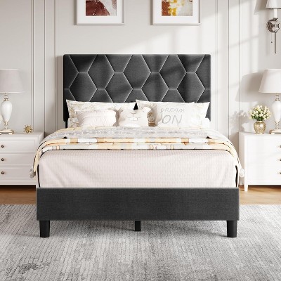 Homhougo Twin Size Platform Bed Frame with Upholstered Headboard and Wooden Slats Support Upholstered Mattress Foundation/No Box Spring