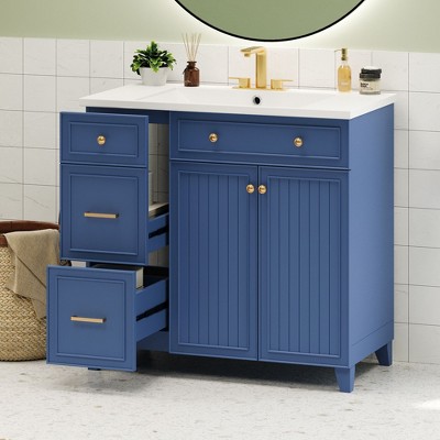 Okak 36" Bathroom Vanity Set with Ceramic Sink, Space-Smart Cabinet with Double-Decker Drawers & Soft Close Doors, Adjustable Shelves