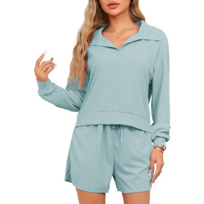 cheibear Women's Waffle Knit Long Sleeve Top and Shorts with Pockets Pajamas Sets 2 Pcs