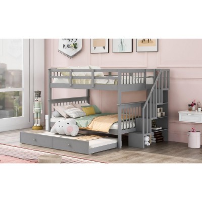 Grungis Full Over Full Loft Bed with Twin size Trundle and Storage Staircase,Modern Bunk Bed with Guardrail,Loft and Bunk Bed for Bedroom