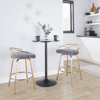 Charlotte 26" Gray Velvet and Gold Metal Swivel Counter Stools, Set of 2