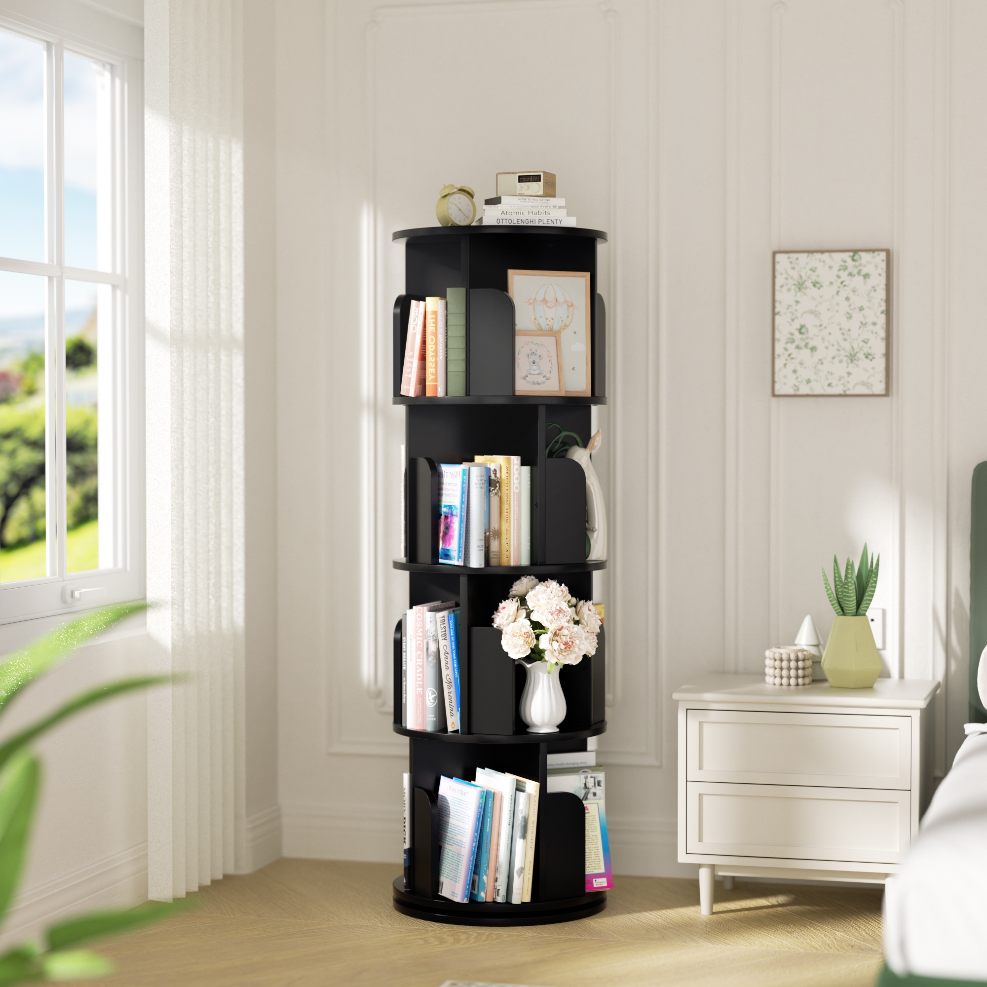 Besiost Rotating Bookcase, 360 Display Corner Bookshelf for Small Space-Black