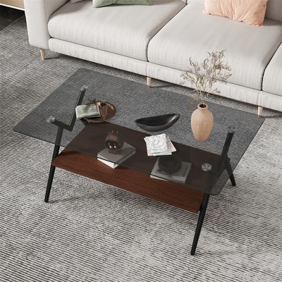 Tempered Glass Rectangular Coffee Table With Tempered Glass Top And Metal Legs, Modern Living Room Table