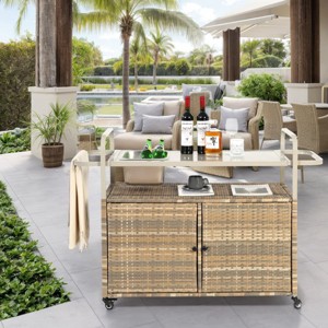 Outdoor Bar Cart with Ice Bucket and Storage Wicker Serving Table with Steel Top Lockable Wheels and Side Basket for Patio or Poolside -The Pop Home - 1 of 4