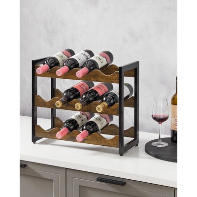 SONGMICS Wine Rack, 3 Tier Tabletop Wine Water Bottle Organizer Storage, Large Capacity, Bamboo Countertop Wine Holder Shelf, Rustic Brown