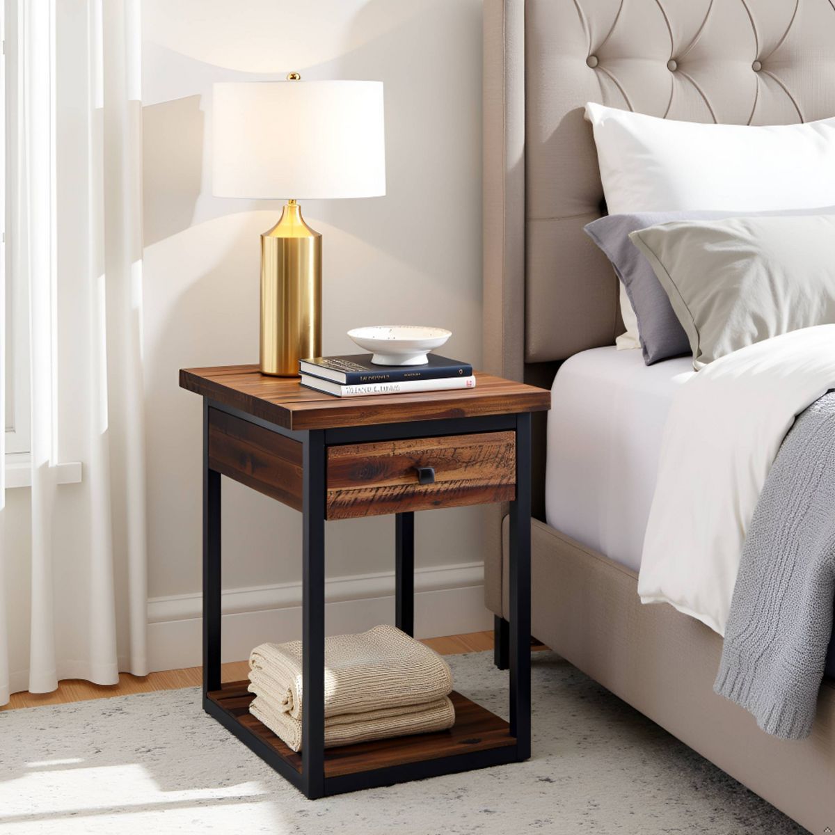 Claremont Rustic Wood End Table with Drawer and Low Shelf Dark Brown - Alaterre Furniture - thumbnail 4