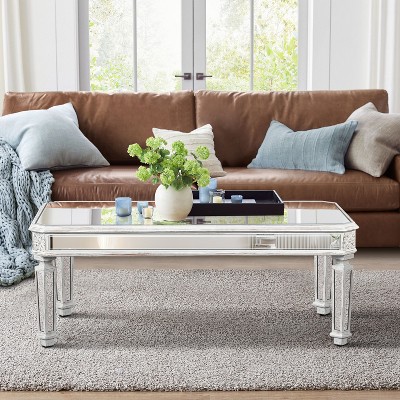 VYNXARIA Silver Mirrored Coffee Table - Vintage Carved Elements for Modern Living