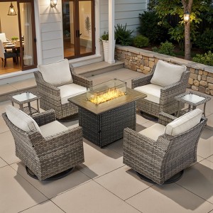 7Pcs Patio Rocking Swivel Chair with 50,000 BTU Fire Pit Table Outdoor Wicker Rattan Bistro Set with Tempered Glass Side Table - 1 of 4
