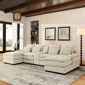 130'' U-Shaped Sectional Sofas with Console and Cupholders, 6-Seat Upholstered Sleeper Couch Set with Chaise for Living Room and Apartment - 1 of 4