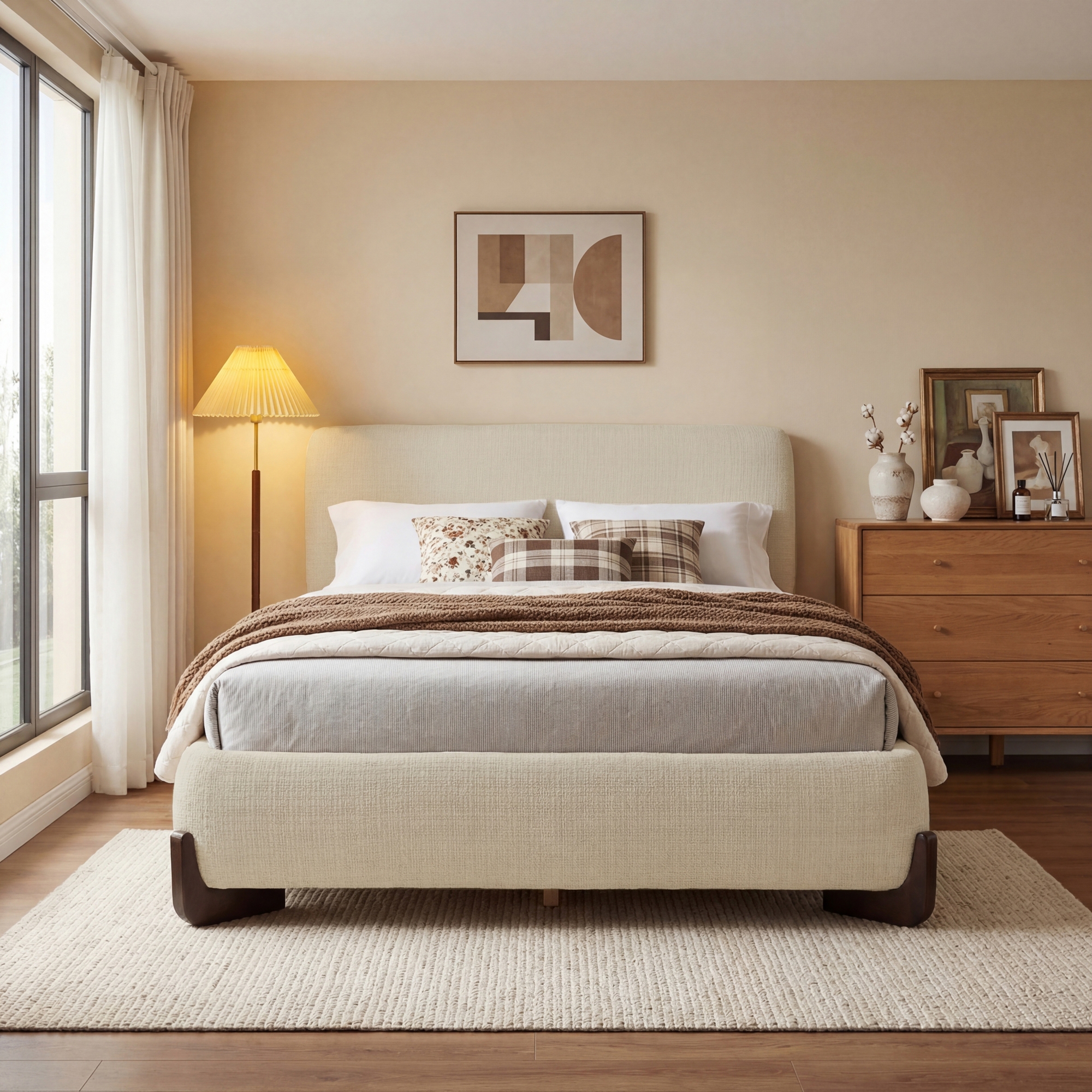 Christopher Knight Home Marry Wooden Upholstered Bed Frame, Beige, Queen-Chenille