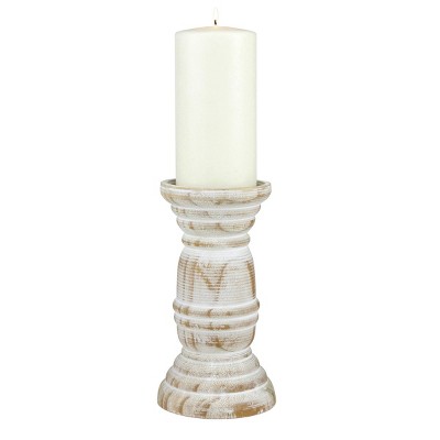 Coastal Charm 8" Worn White Wooden Pillar Candle Holder