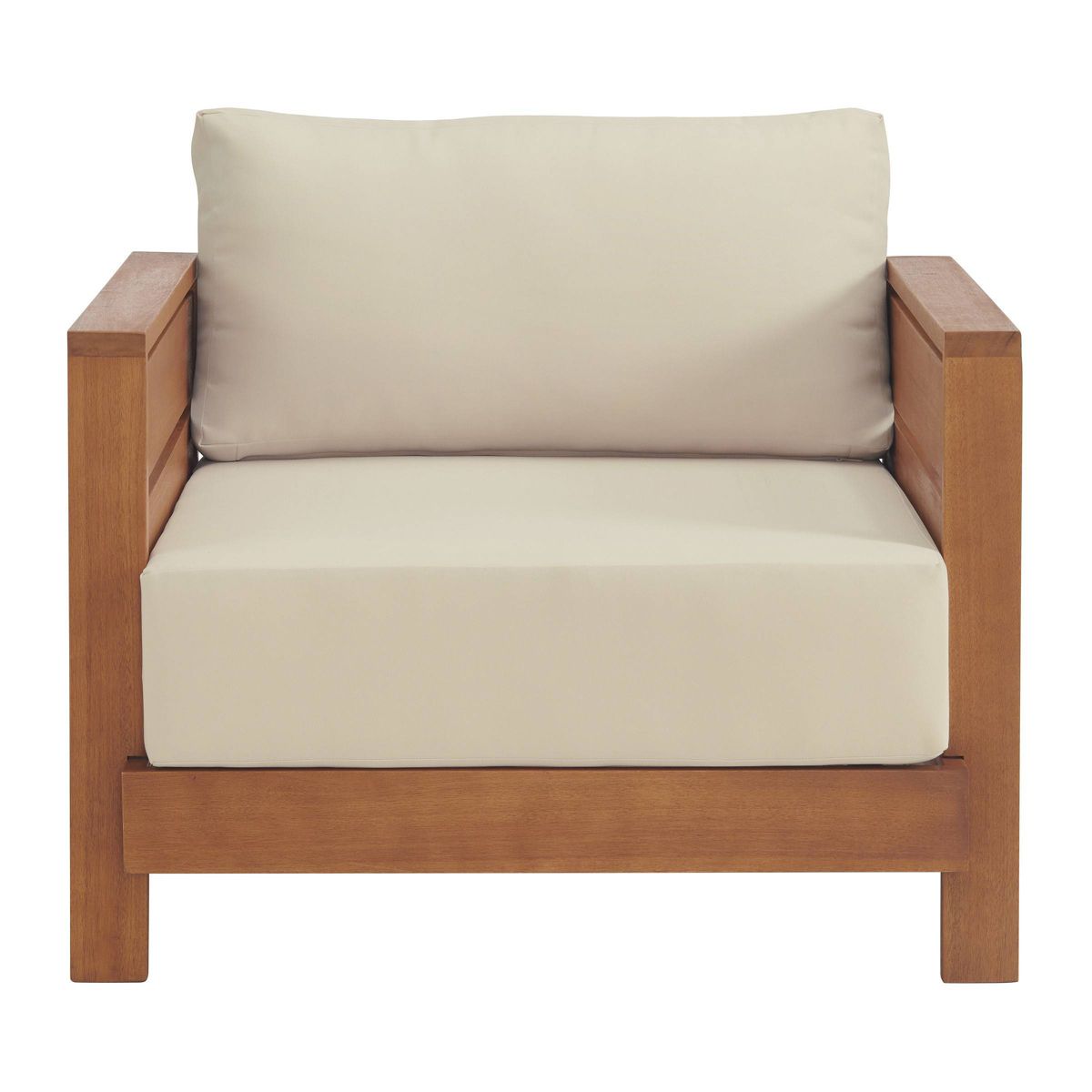 Front view outdoor arm chair with cream cushions and wood arms