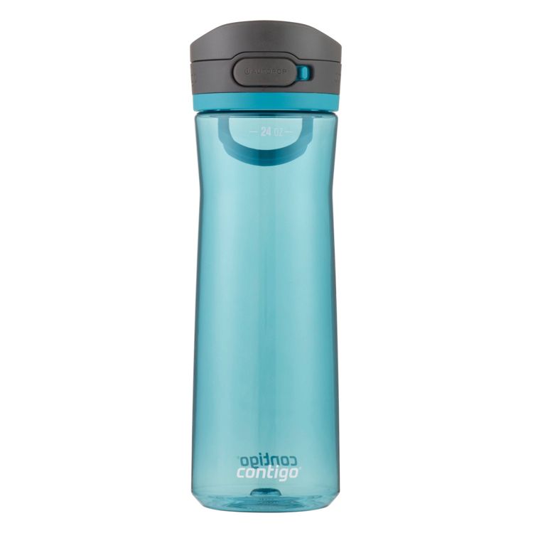 A blue colored water bottle with a black lid and "24 oz" marked on it.
