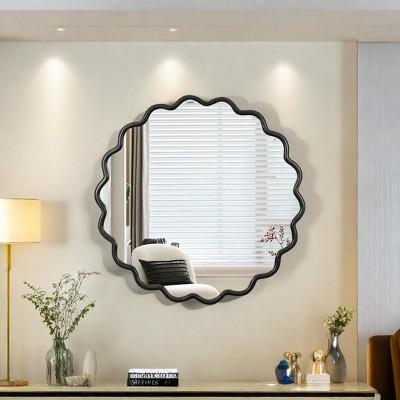 Vynxaria 41.7 in. Wx1. 18in. H Wood Wavy Black Vanity Mirror-Modern Wall Decor for Bathroom, Bedroom, Living, Dining Room