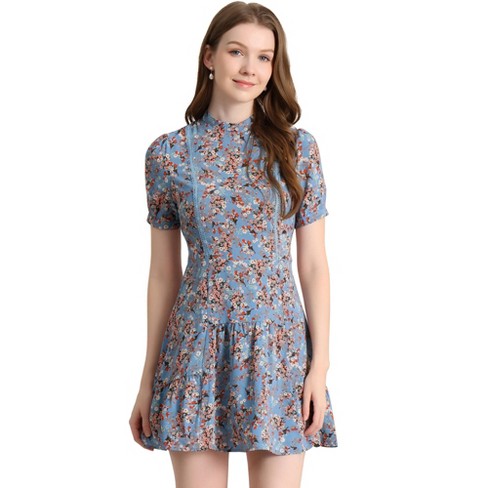 Allegra K Women's Floral Short Sleeve Self Tie Summer Mini Dresses Dusty  Blue X-Large