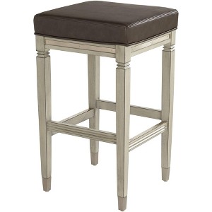 55 Downing Street Jaxon Wood Bar Stool Gunpowder 31" High Farmhouse Rustic Vintage Gray Faux Leather Footrest for Kitchen Counter Height Island - 1 of 4