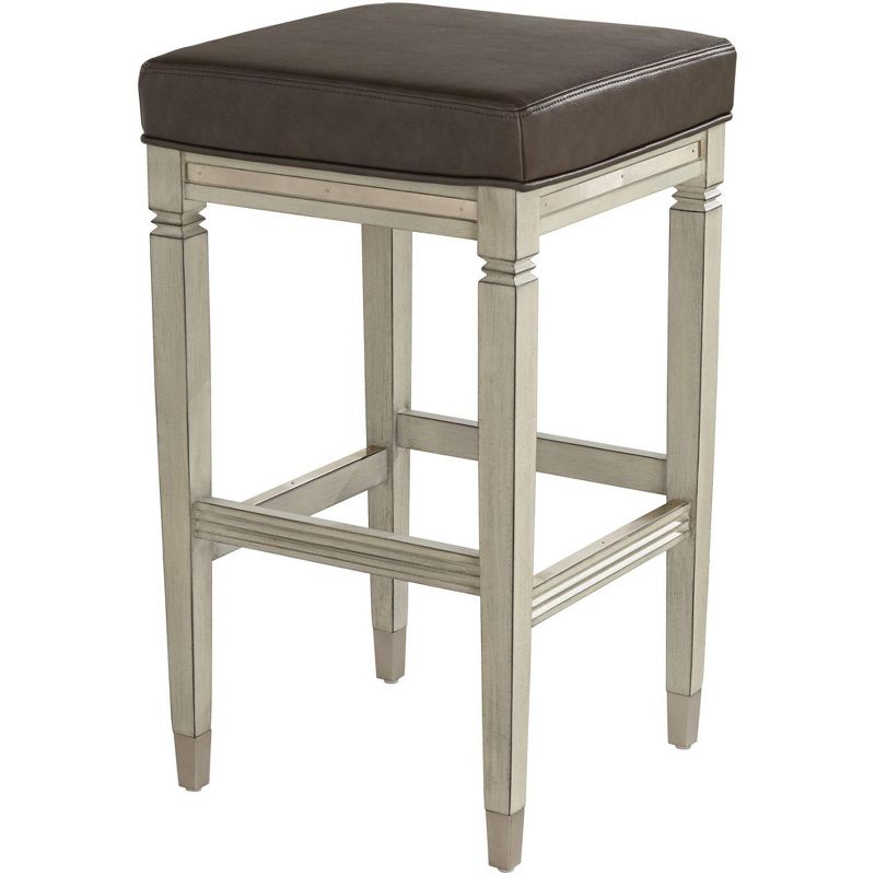 55 Downing Street Jaxon Wood Bar Stool Gunpowder 31" High Farmhouse Rustic Vintage Gray Faux Leather Footrest for Kitchen Counter Height Island, 1 of 10