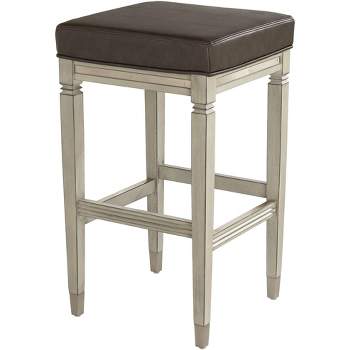 55 Downing Street Jaxon Wood Bar Stool Gunpowder 31" High Farmhouse Rustic Vintage Gray Faux Leather Footrest for Kitchen Counter Height Island