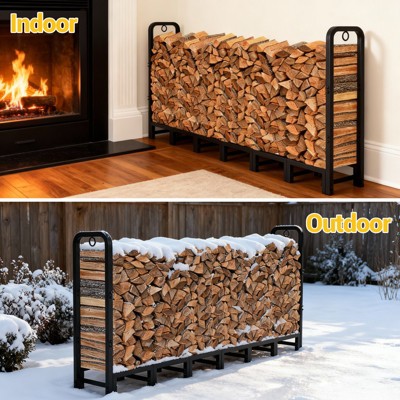 Garvee 8 ft Firewood Rack, Adjustable Wood Rack with Lock Rings, 660 LB Heavy Duty Metal Fireplace Log Holder for Outdoor Indoor, Matte Black