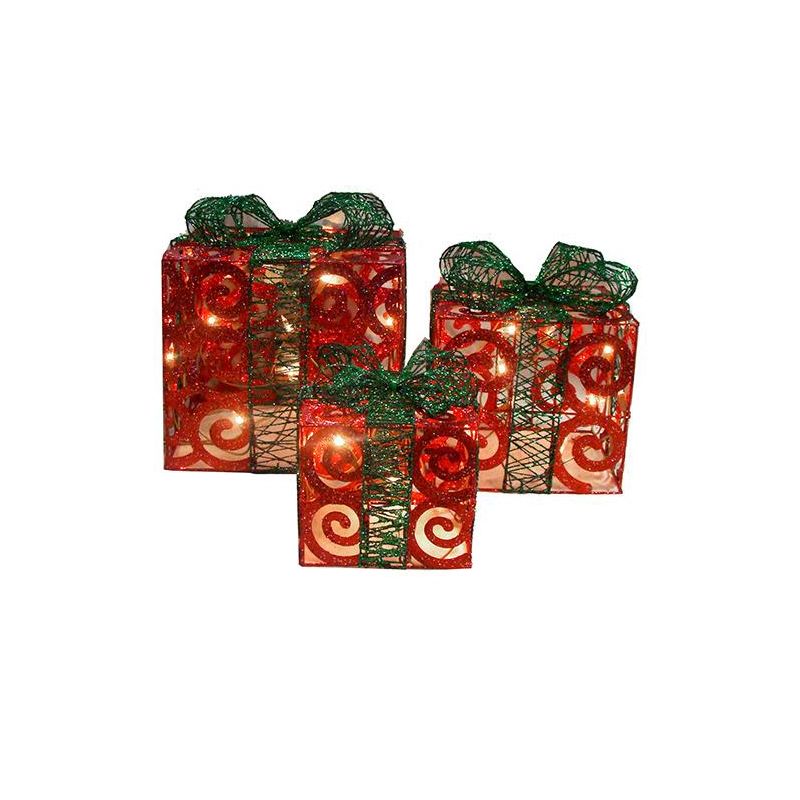 Northlight Set of 3 Lighted Red Swirl Glitter Gift Boxes Christmas Outdoor Decorations 10", 2 of 4