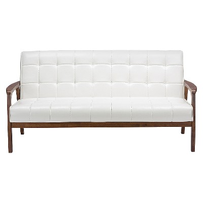 Elegant White Faux Leather Tufted Sleeper Sofa with Wood Accents