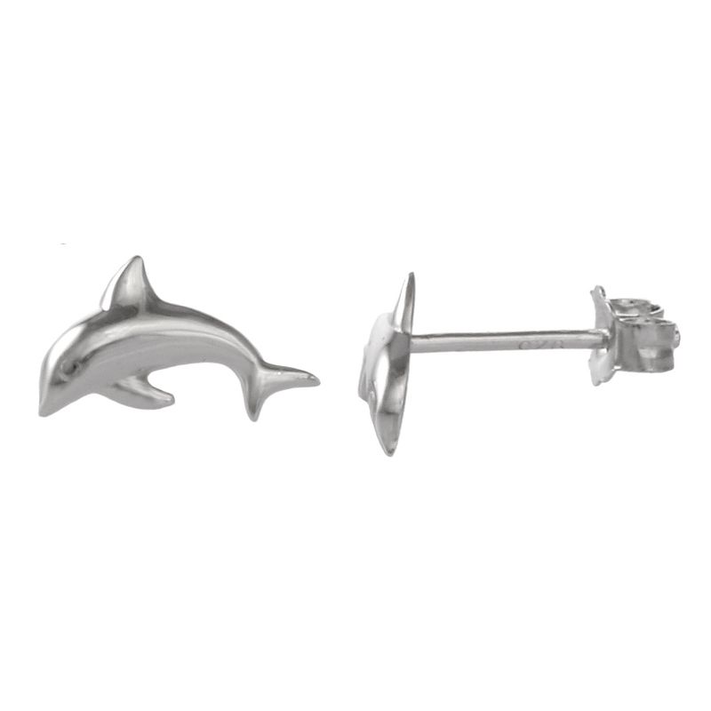 FAO Schwarz Sterling Silver Dolphin Stud Earrings with Crystal Stone Accent, 1 of 4