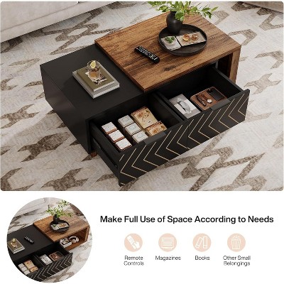 Tribesigns Extendable Brown and Black Wood Coffee Table with Storage Drawers
